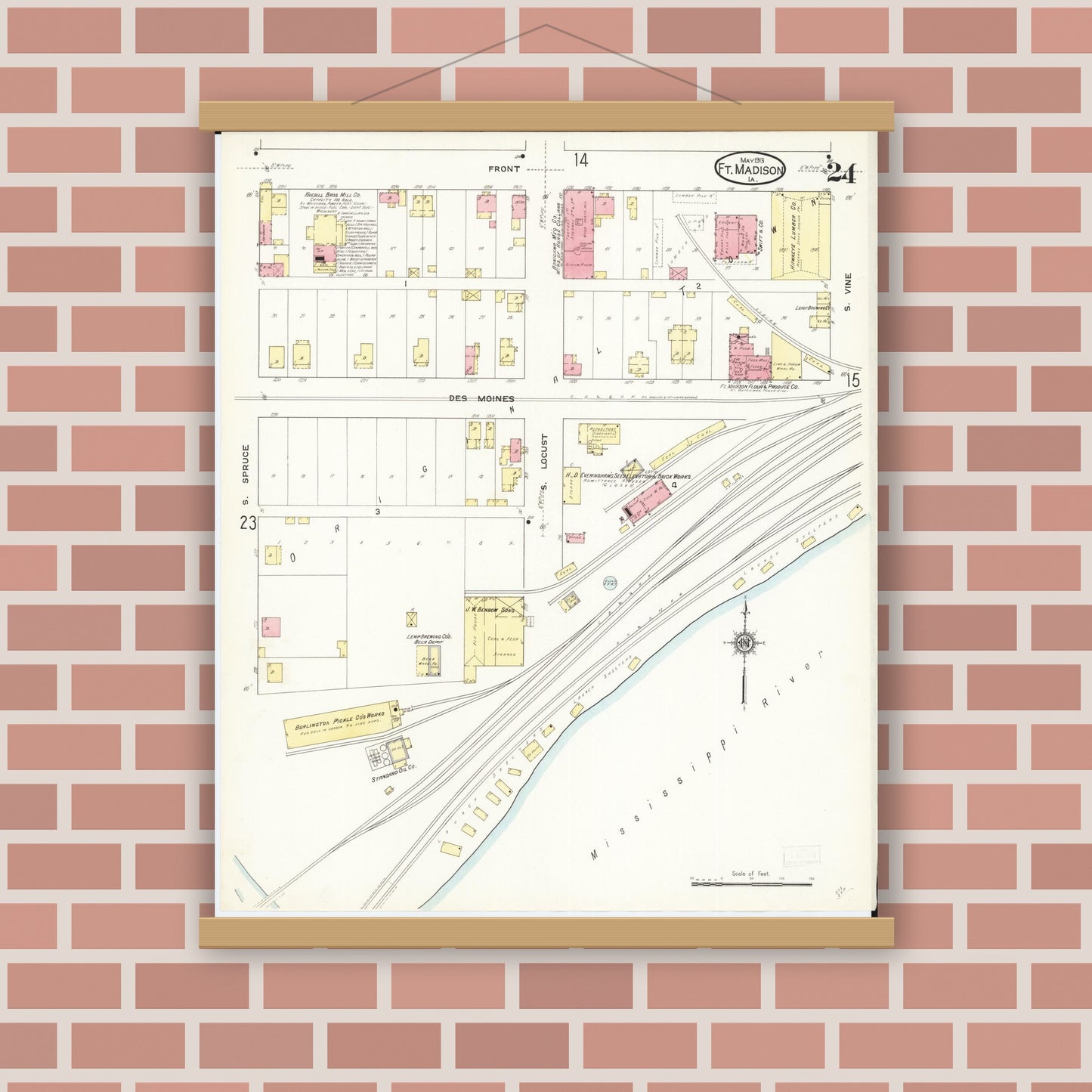 Old map wall art mockup — magnetic wood frame on brick wall — Sanborn Fire Insurance Map from Fort Madison, Lee County, Iowa (1913), Sheet #0024