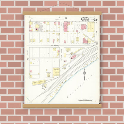 Old map wall art mockup — magnetic wood frame on brick wall — Sanborn Fire Insurance Map from Fort Madison, Lee County, Iowa (1913), Sheet #0024