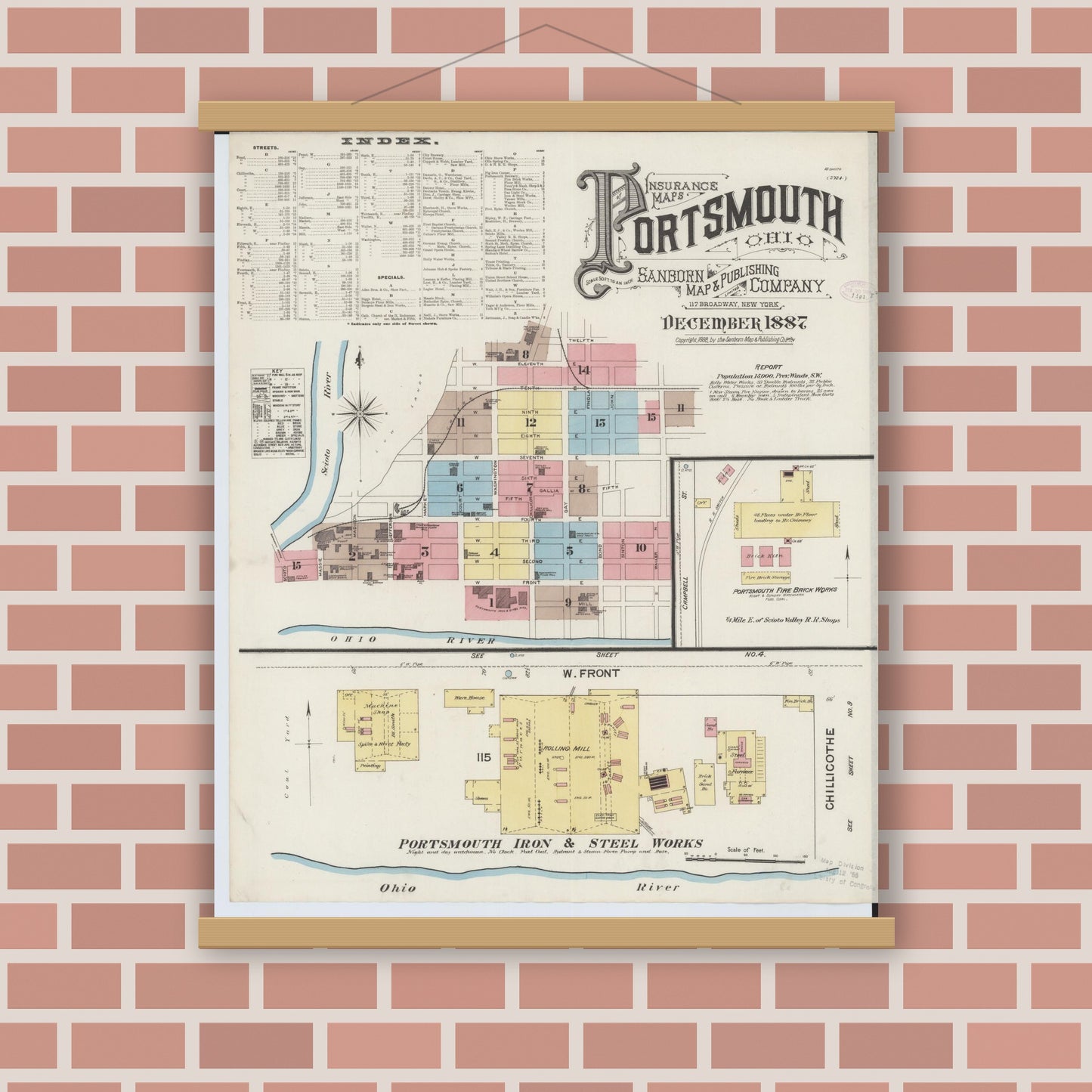 Old map wall art mockup — magnetic wood frame on brick wall — Sanborn Fire Insurance Map from Portsmouth, Scioto County, Ohio (1887), Sheet #0001