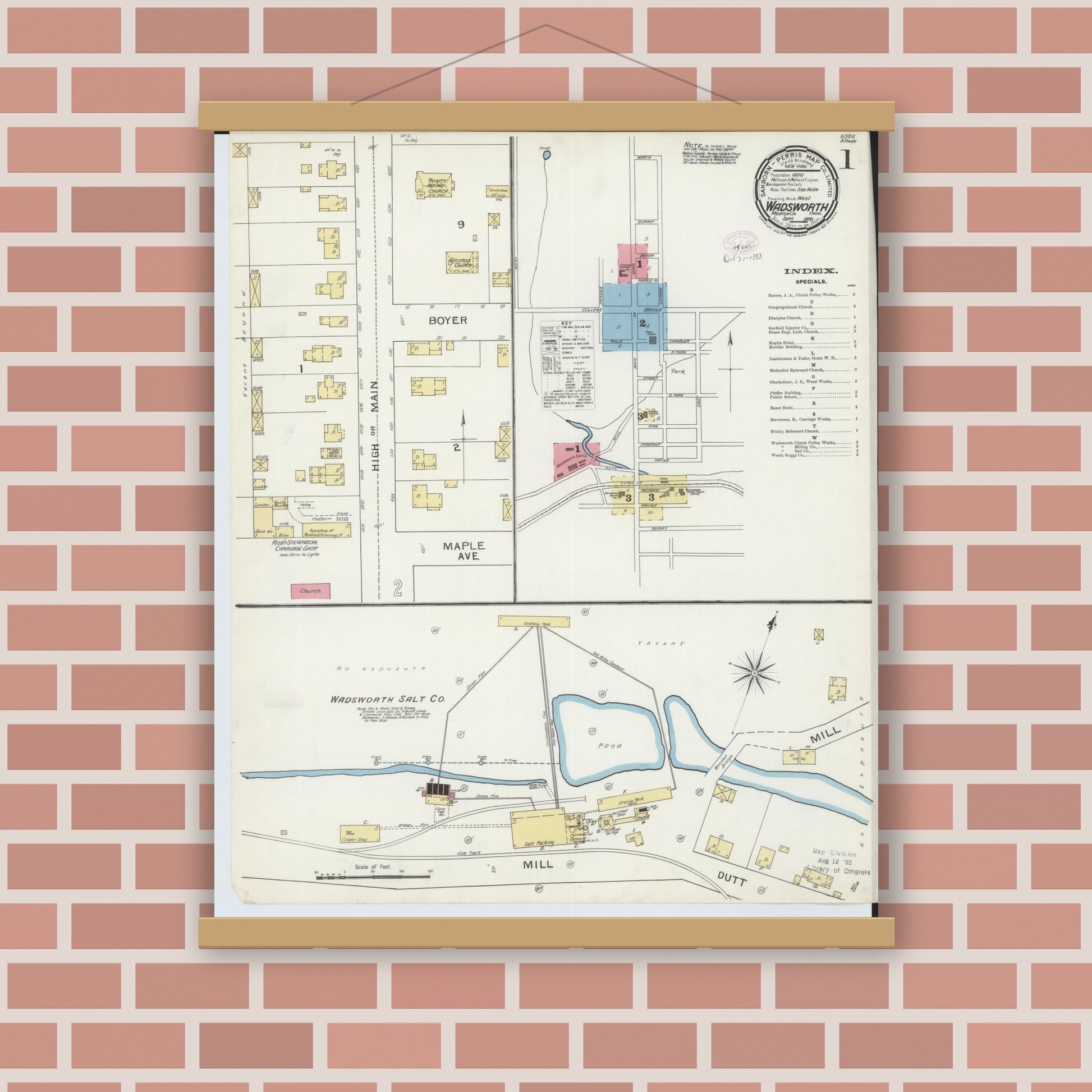 Old map wall art mockup — magnetic wood frame on brick wall — Sanborn Fire Insurance Map from Wadsworth, Medina County, Ohio (1893), Sheet #0001