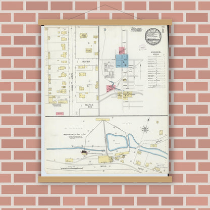 Old map wall art mockup — magnetic wood frame on brick wall — Sanborn Fire Insurance Map from Wadsworth, Medina County, Ohio (1893), Sheet #0001