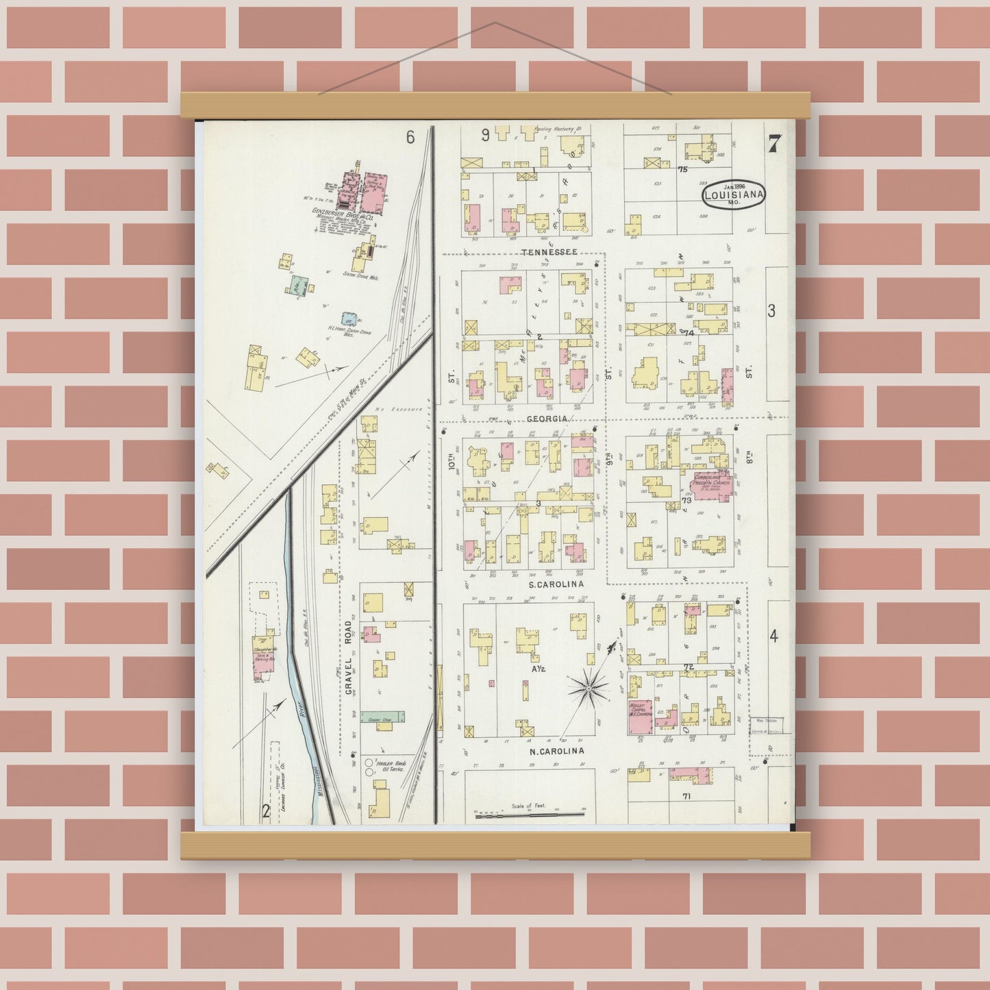 Old map wall art mockup — magnetic wood frame on brick wall — Sanborn Fire Insurance Map from Louisiana, Pike County, Missouri (1896), Sheet #0007