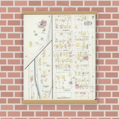 Old map wall art mockup — magnetic wood frame on brick wall — Sanborn Fire Insurance Map from Louisiana, Pike County, Missouri (1896), Sheet #0007
