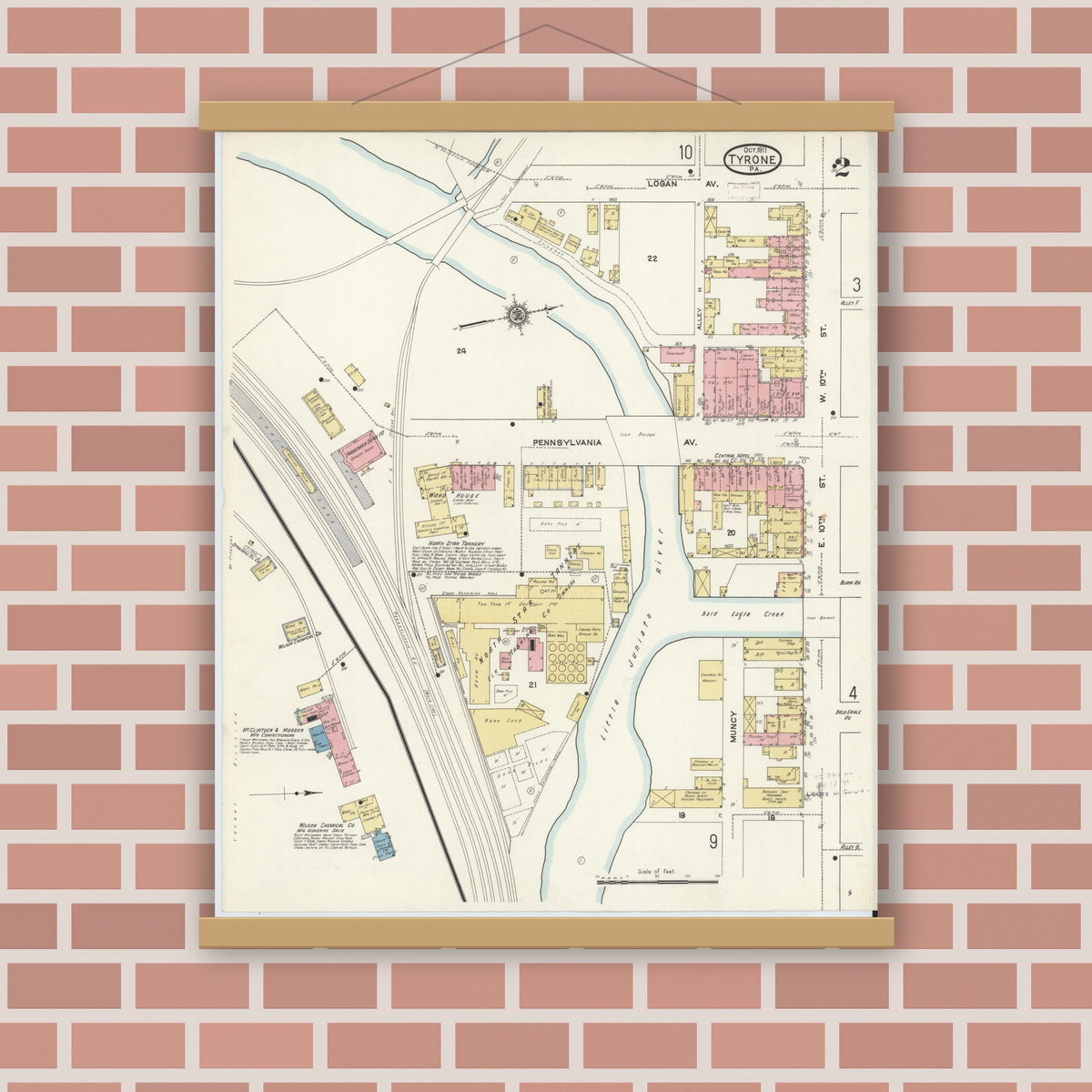 Old map wall art mockup — magnetic wood frame on brick wall — Sanborn Fire Insurance Map from Tyrone, Blair County, Pennsylvania (1911), Sheet #0002