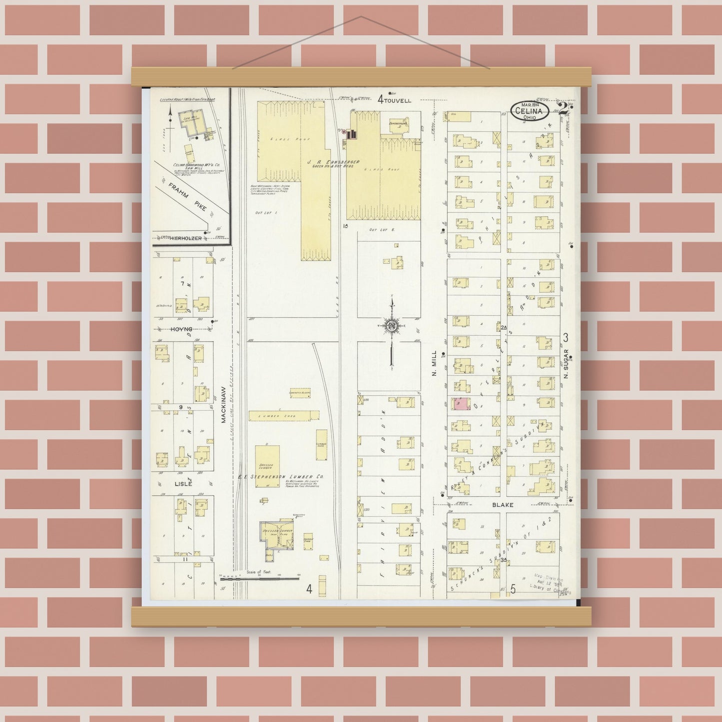 Old map wall art mockup — magnetic wood frame on brick wall — Sanborn Fire Insurance Map from Celina, Mercer County, Ohio (1914), Sheet #0002