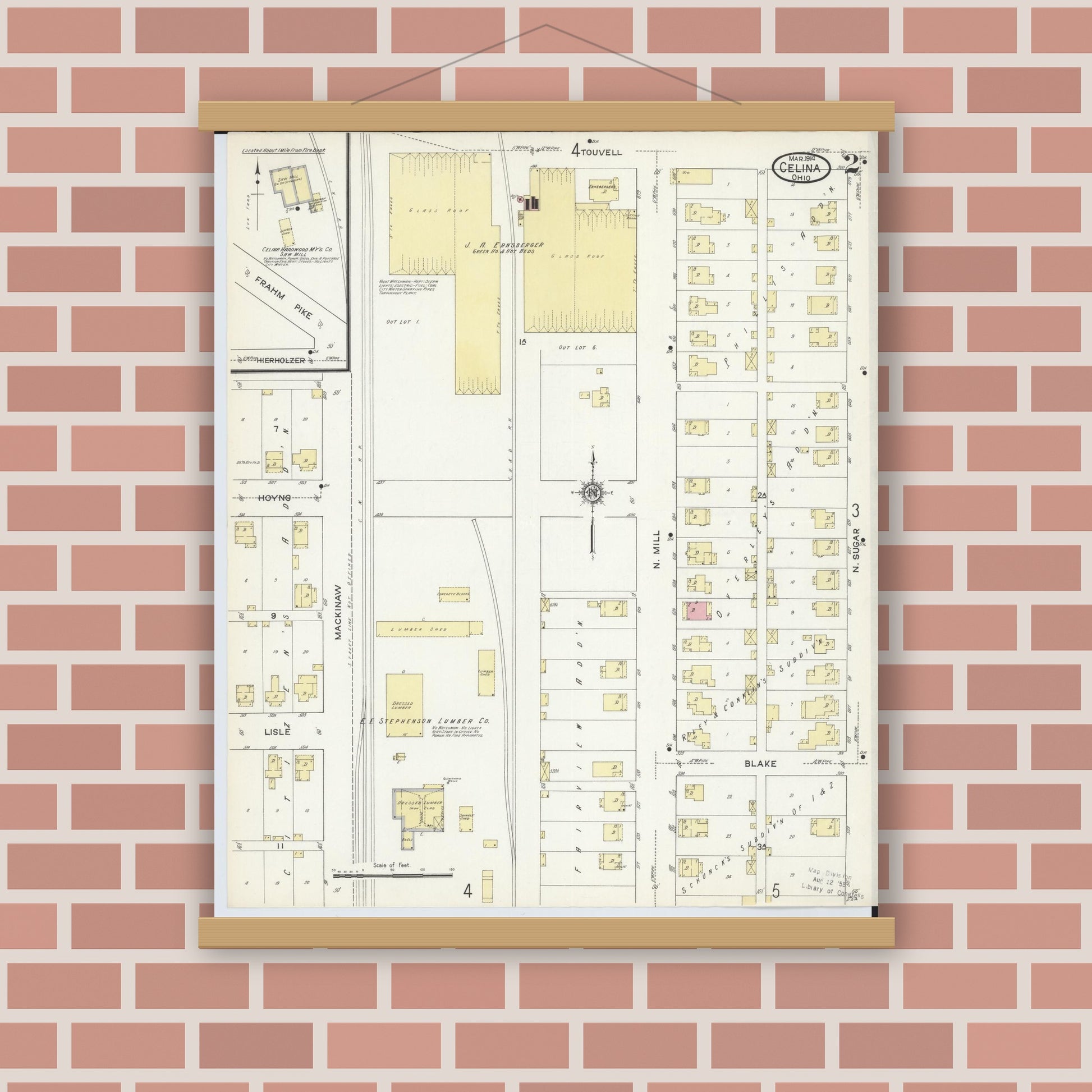 Old map wall art mockup — magnetic wood frame on brick wall — Sanborn Fire Insurance Map from Celina, Mercer County, Ohio (1914), Sheet #0002
