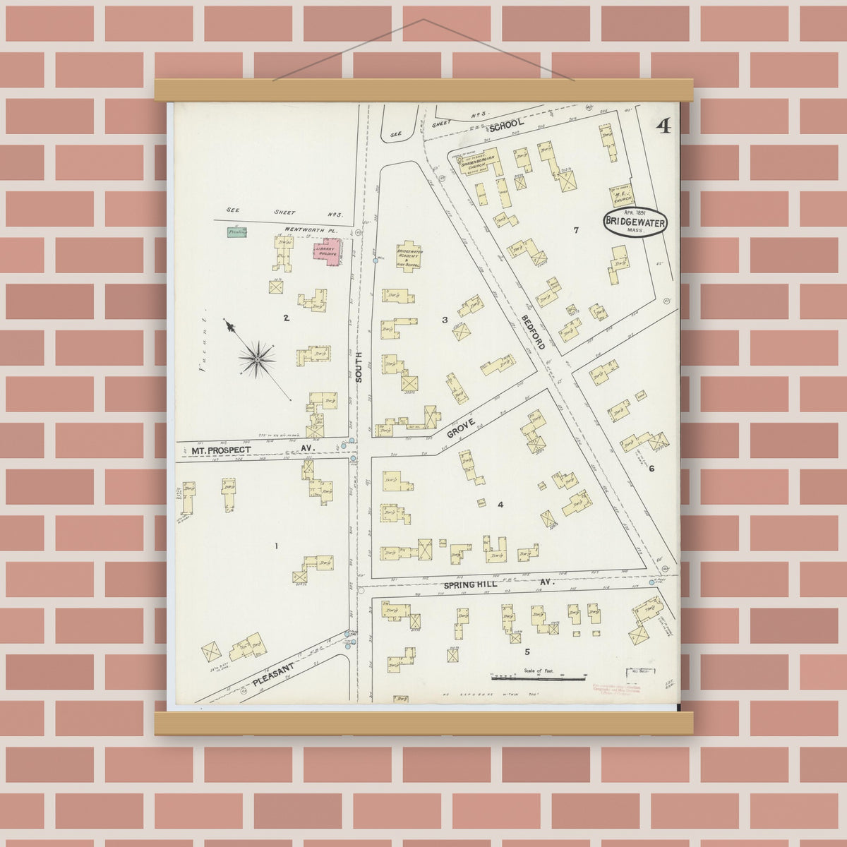 Old map wall art mockup — magnetic wood frame on brick wall — Sanborn Fire Insurance Map from Bridgewater, Plymouth County, Massachusetts (1891), Sheet #0004