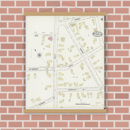 Old map wall art mockup — magnetic wood frame on brick wall — Sanborn Fire Insurance Map from Bridgewater, Plymouth County, Massachusetts (1891), Sheet #0004