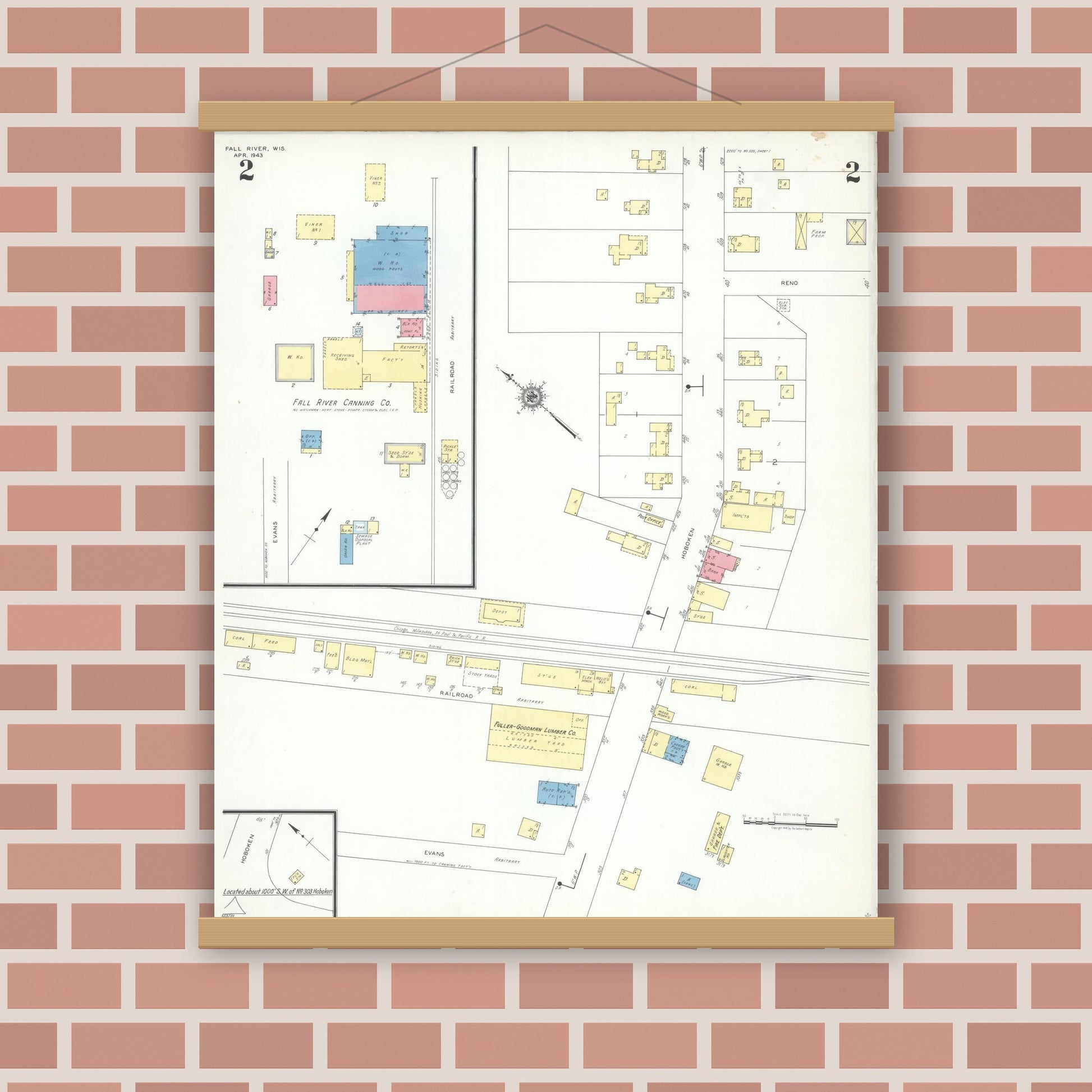 Old map wall art mockup — magnetic wood frame on brick wall — Sanborn Fire Insurance Map from Fall River, Columbia County, Wisconsin (1943), Sheet #0002
