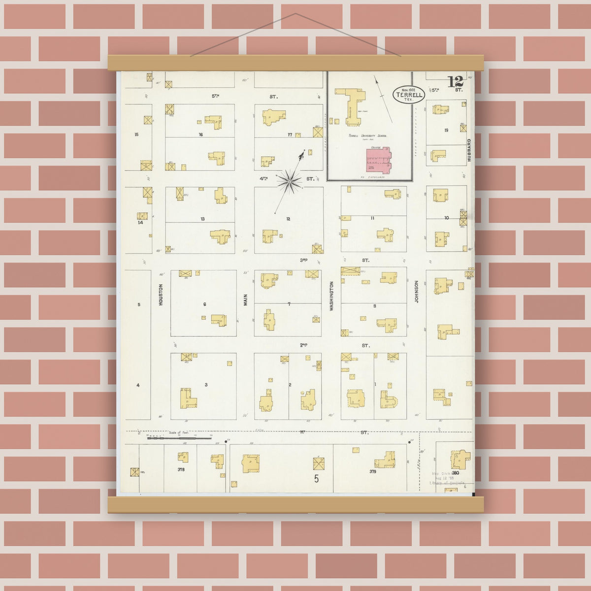 Old map wall art mockup — magnetic wood frame on brick wall — Sanborn Fire Insurance Map from Terrell, Kaufman County, Texas (1902), Sheet #0012