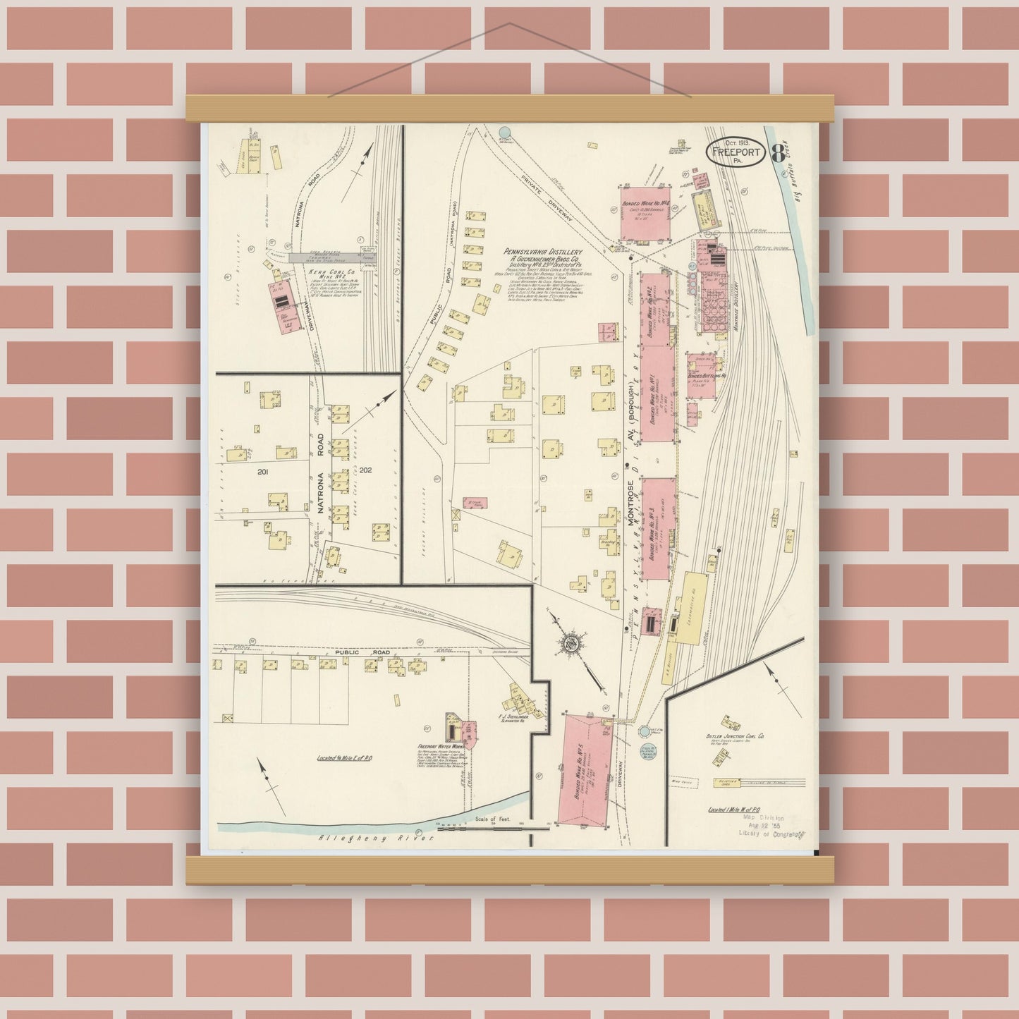Old map wall art mockup — magnetic wood frame on brick wall — Sanborn Fire Insurance Map from Freeport, Armstrong County, Pennsylvania (1913), Sheet #0008