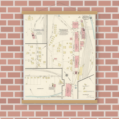 Old map wall art mockup — magnetic wood frame on brick wall — Sanborn Fire Insurance Map from Freeport, Armstrong County, Pennsylvania (1913), Sheet #0008