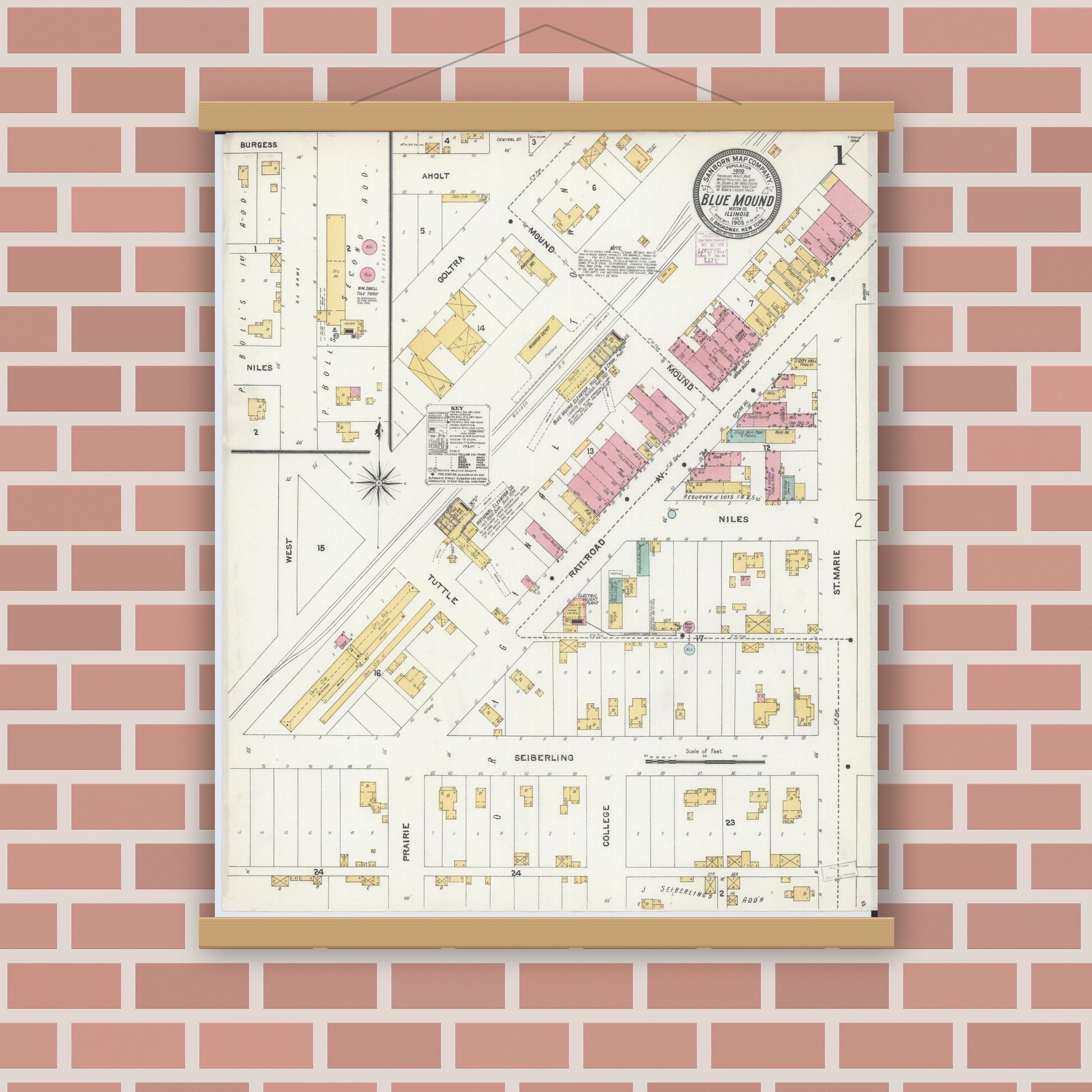 Old map wall art mockup — magnetic wood frame on brick wall — Sanborn Fire Insurance Map from Blue Mound, Macon County, Illinois (1905) - Complete Map Set