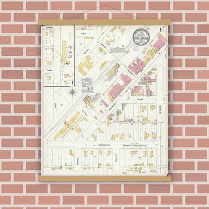 Old map wall art mockup — magnetic wood frame on brick wall — Sanborn Fire Insurance Map from Blue Mound, Macon County, Illinois (1905) - Complete Map Set