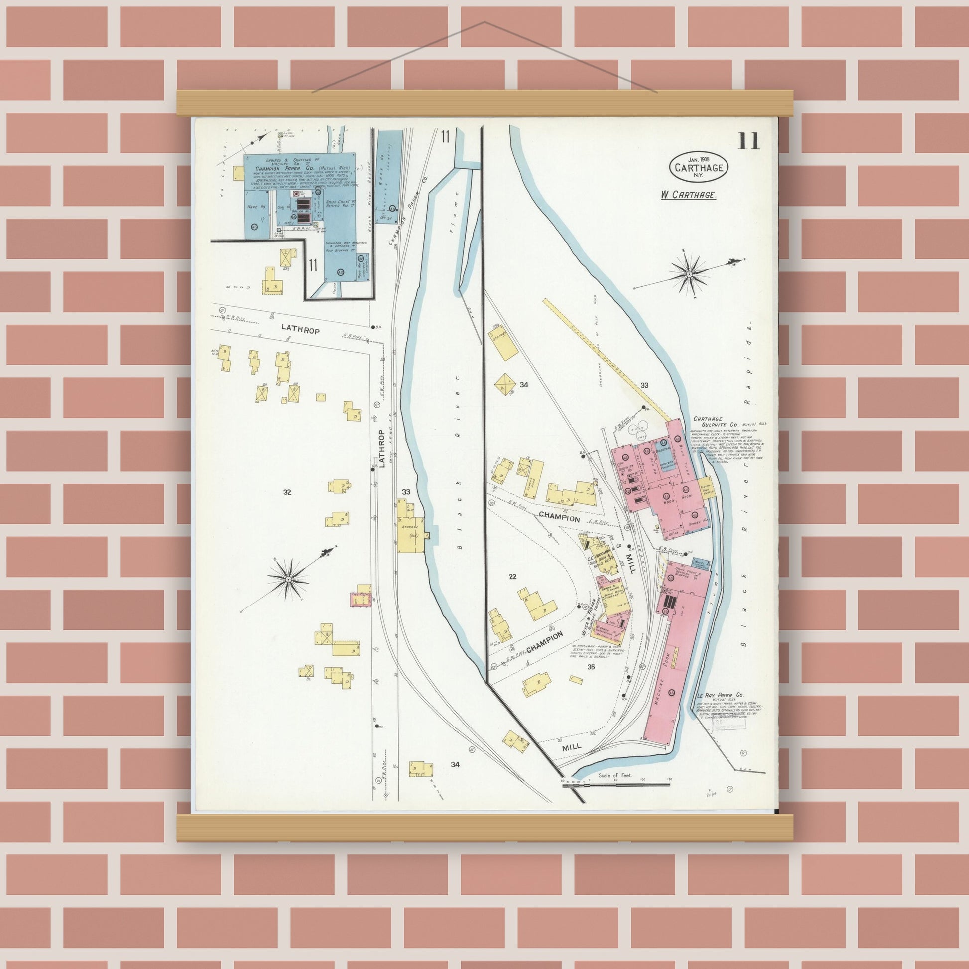 Old map wall art mockup — magnetic wood frame on brick wall — Sanborn Fire Insurance Map from Carthage, Jefferson County, New York (1908), Sheet #0011