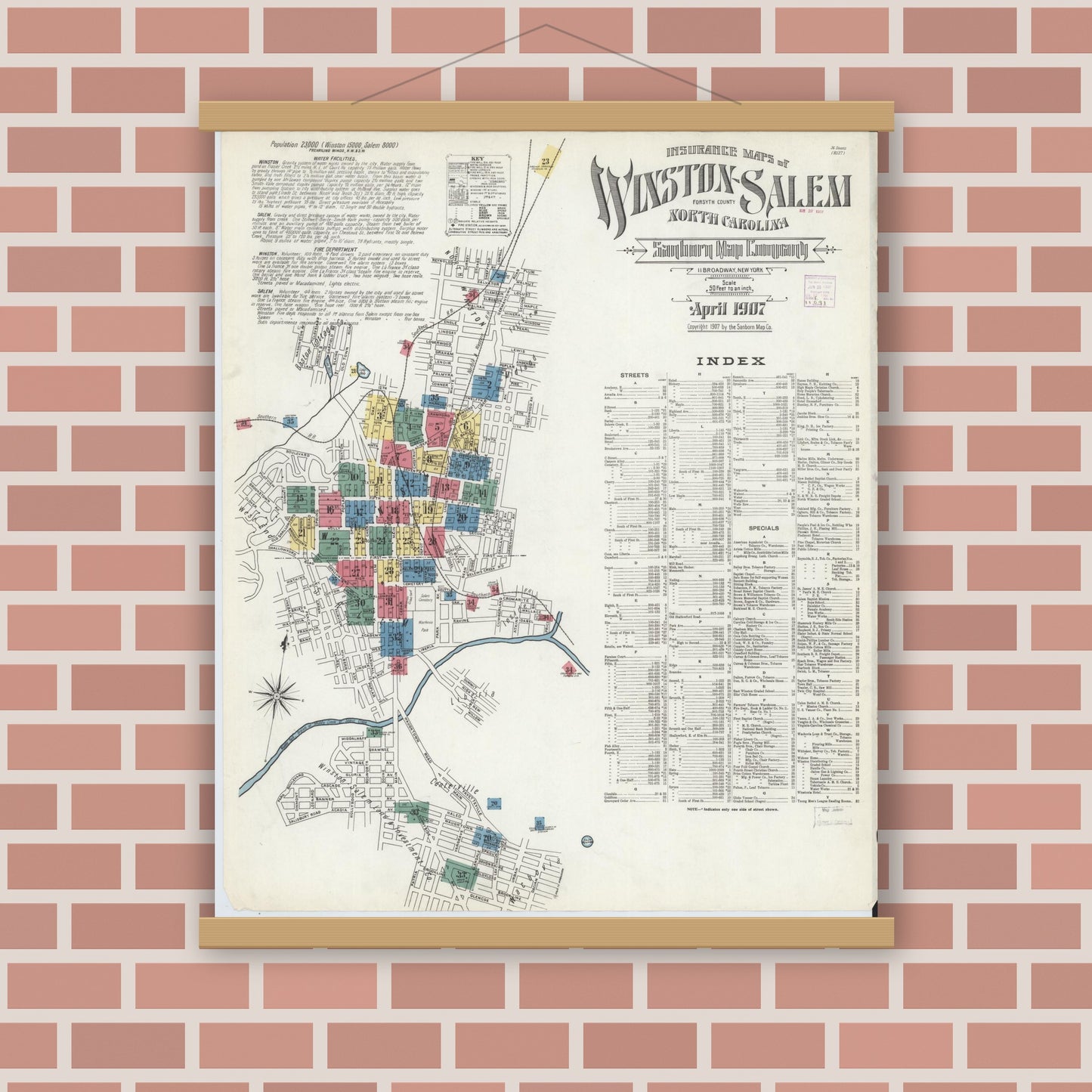 Old map wall art mockup — magnetic wood frame on brick wall — Sanborn Fire Insurance Map from Winston-Salem, Forsyth County, North Carolina (1907), Sheet #0001