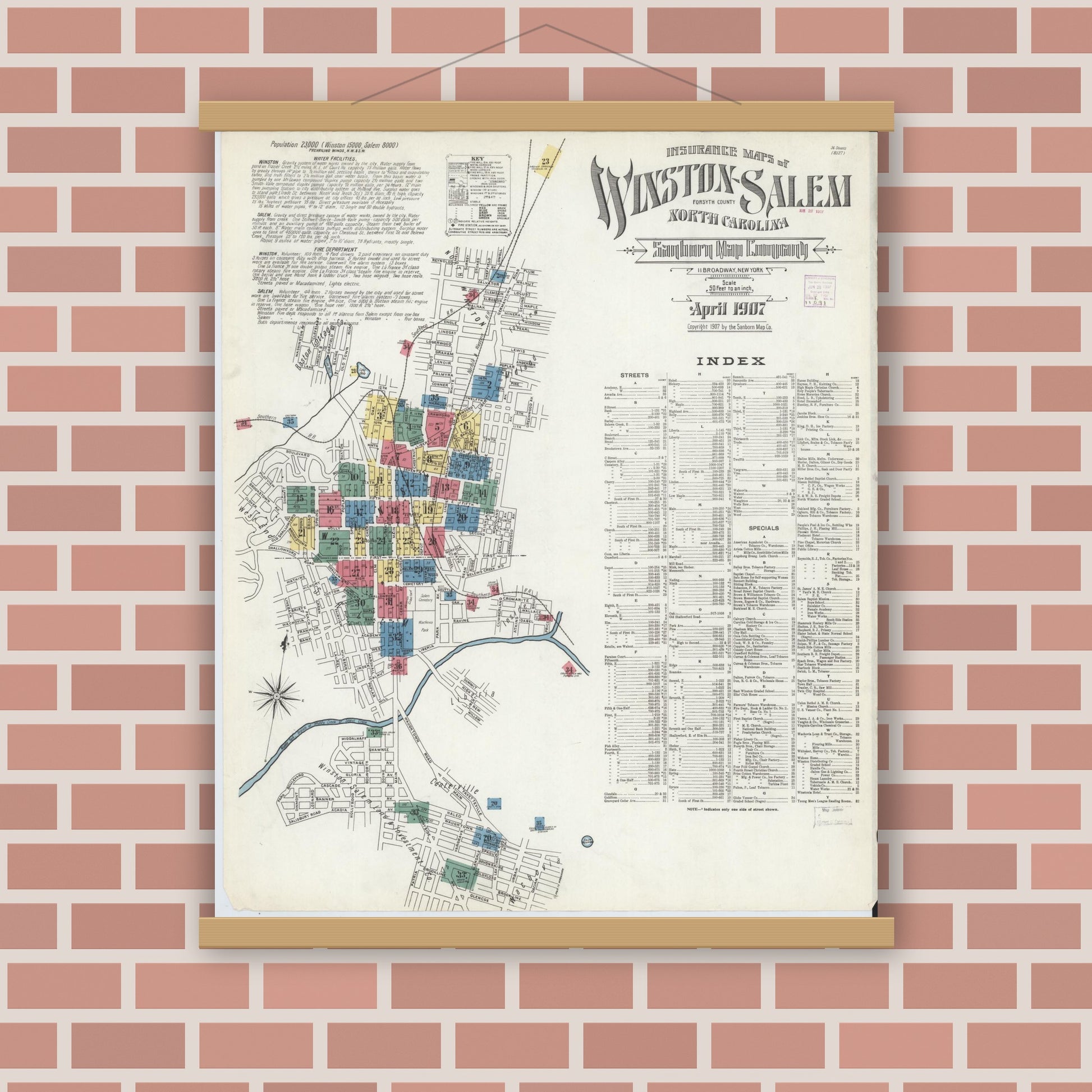 Old map wall art mockup — magnetic wood frame on brick wall — Sanborn Fire Insurance Map from Winston-Salem, Forsyth County, North Carolina (1907), Sheet #0001