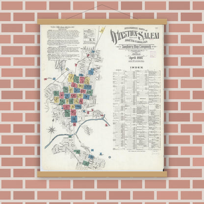 Old map wall art mockup — magnetic wood frame on brick wall — Sanborn Fire Insurance Map from Winston-Salem, Forsyth County, North Carolina (1907), Sheet #0001