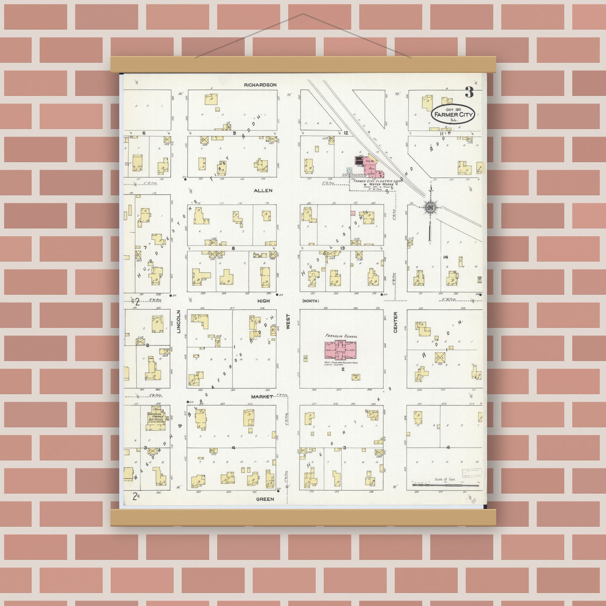 Old map wall art mockup — magnetic wood frame on brick wall — Sanborn Fire Insurance Map from Farmer City, De Witt County, Illinois (1911), Sheet #0003