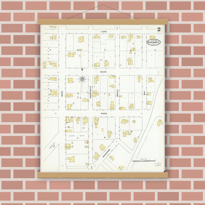 Old map wall art mockup — magnetic wood frame on brick wall — Sanborn Fire Insurance Map from Kissimmee, Osceola County, Florida (1909), Sheet #0002