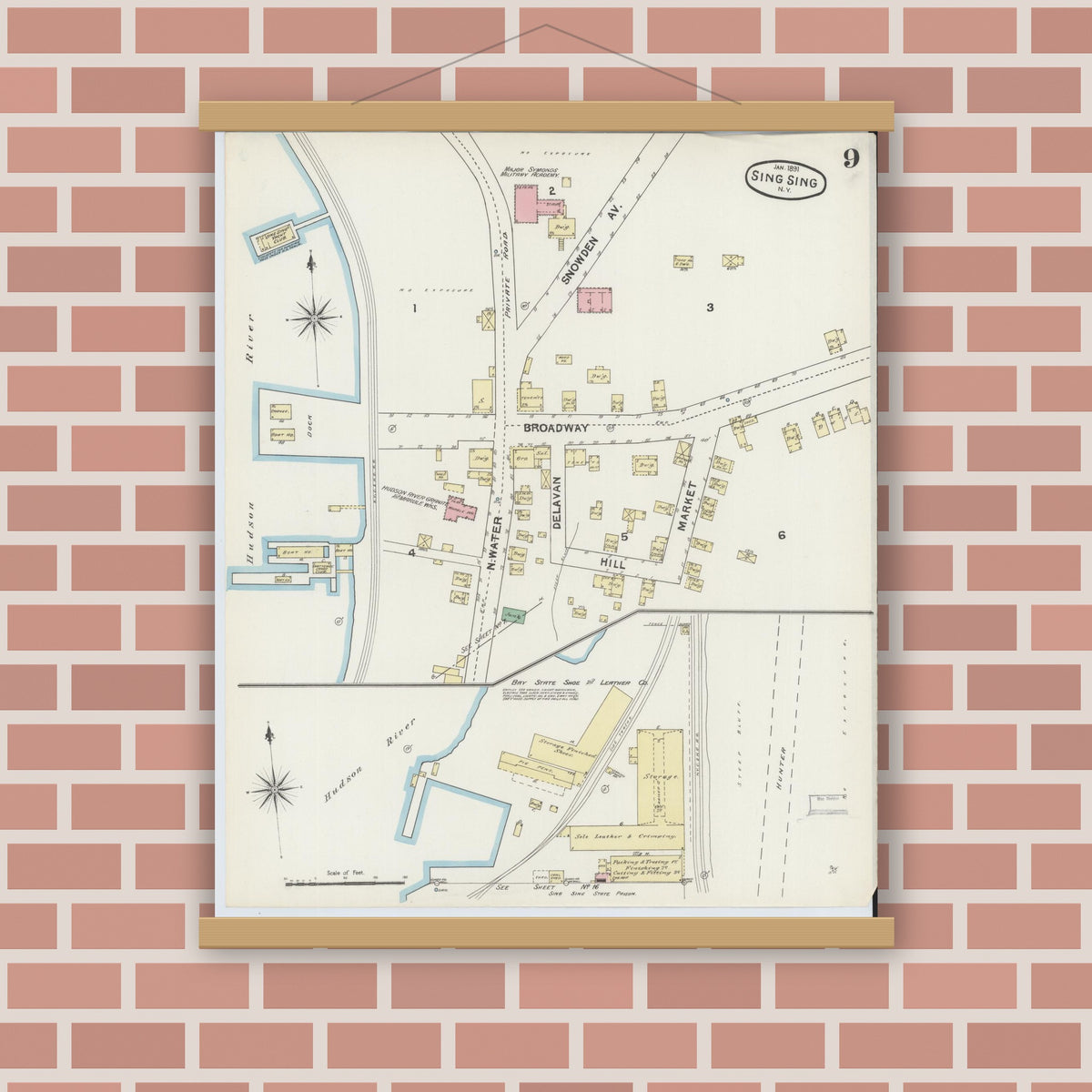 Old map wall art mockup — magnetic wood frame on brick wall — Sanborn Fire Insurance Map from Sing Sing, Westchester County, New York (1891), Sheet #0009