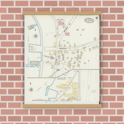 Old map wall art mockup — magnetic wood frame on brick wall — Sanborn Fire Insurance Map from Sing Sing, Westchester County, New York (1891), Sheet #0009