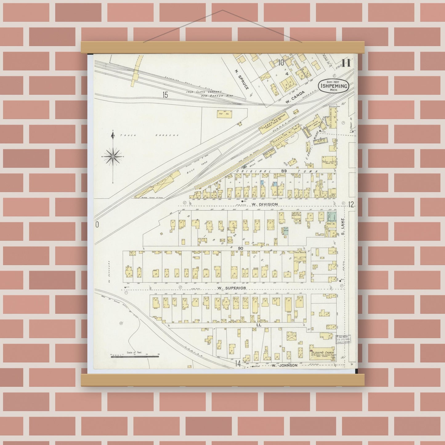 Old map wall art mockup — magnetic wood frame on brick wall — Sanborn Fire Insurance Map from Ishpeming, Marquette County, Michigan (1897), Sheet #0011