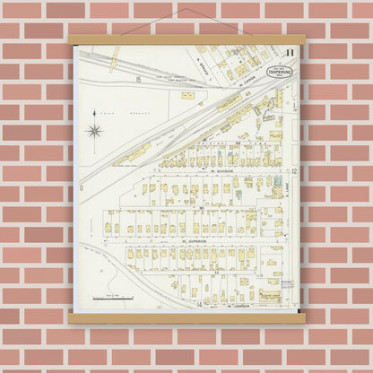 Old map wall art mockup — magnetic wood frame on brick wall — Sanborn Fire Insurance Map from Ishpeming, Marquette County, Michigan (1897), Sheet #0011