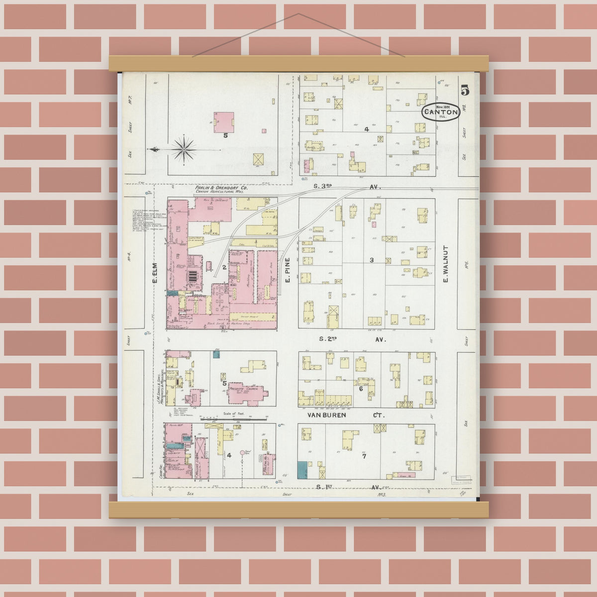 Old map wall art mockup — magnetic wood frame on brick wall — Sanborn Fire Insurance Map from Canton, Fulton County, Illinois (1891), Sheet #0005