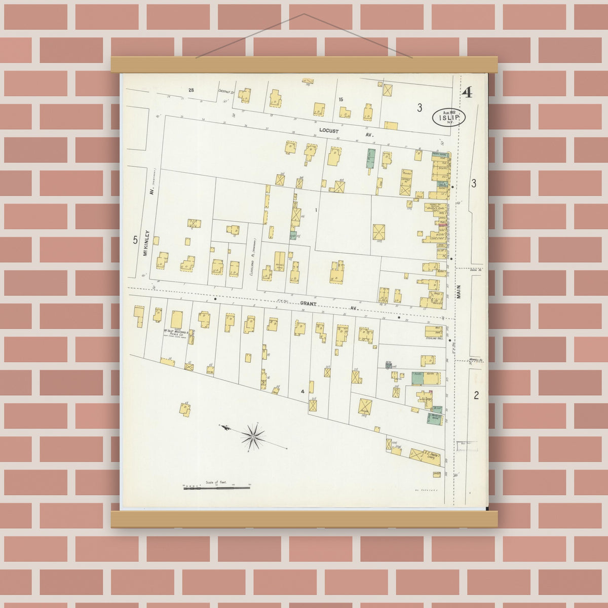 Old map wall art mockup — magnetic wood frame on brick wall — Sanborn Fire Insurance Map from Islip, Suffolk County, New York (1902), Sheet #0004
