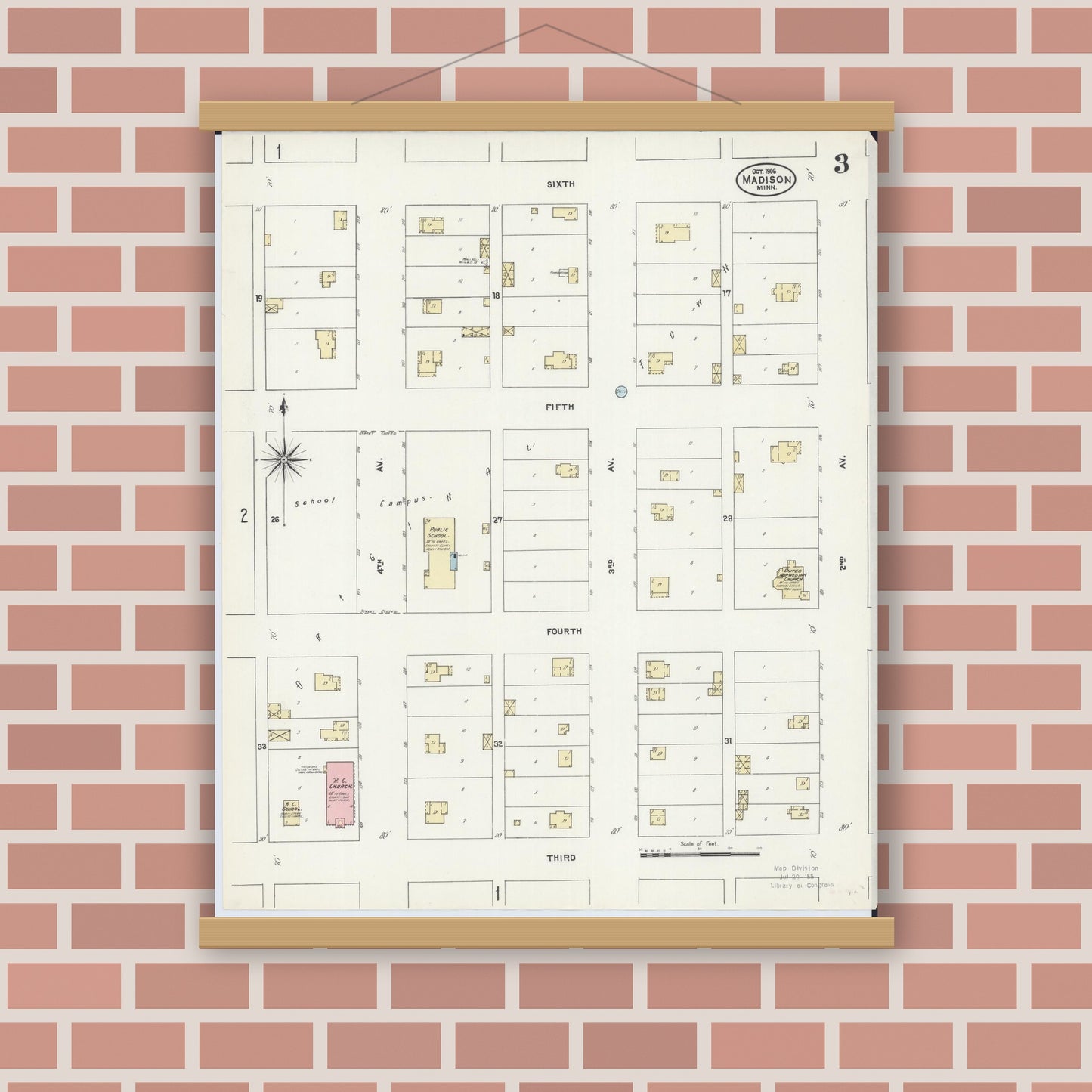 Old map wall art mockup — magnetic wood frame on brick wall — Sanborn Fire Insurance Map from Madison, Lac Qui Parle County, Minnesota (1906), Sheet #0003