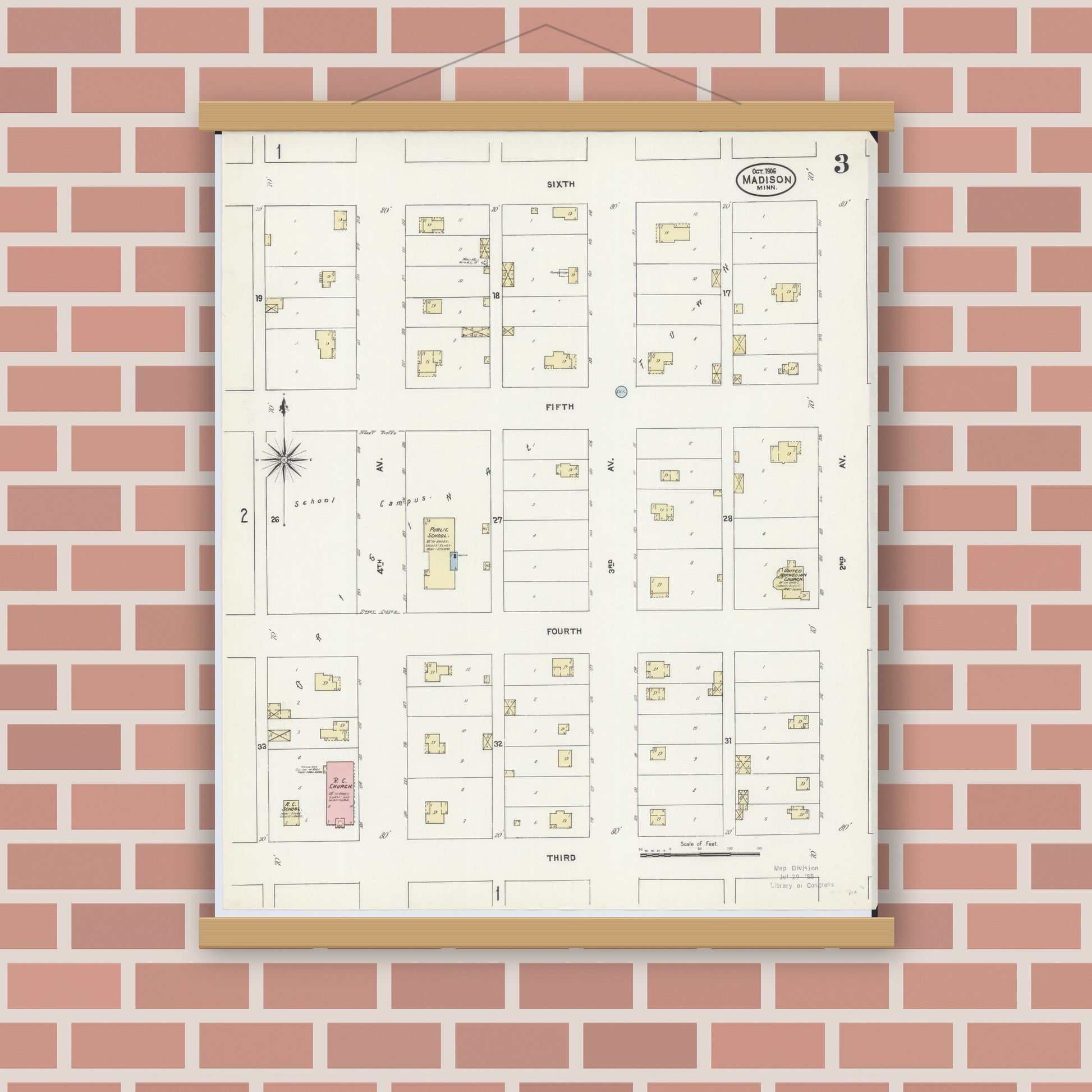 Old map wall art mockup — magnetic wood frame on brick wall — Sanborn Fire Insurance Map from Madison, Lac Qui Parle County, Minnesota (1906), Sheet #0003