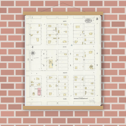 Old map wall art mockup — magnetic wood frame on brick wall — Sanborn Fire Insurance Map from Madison, Lac Qui Parle County, Minnesota (1906), Sheet #0003