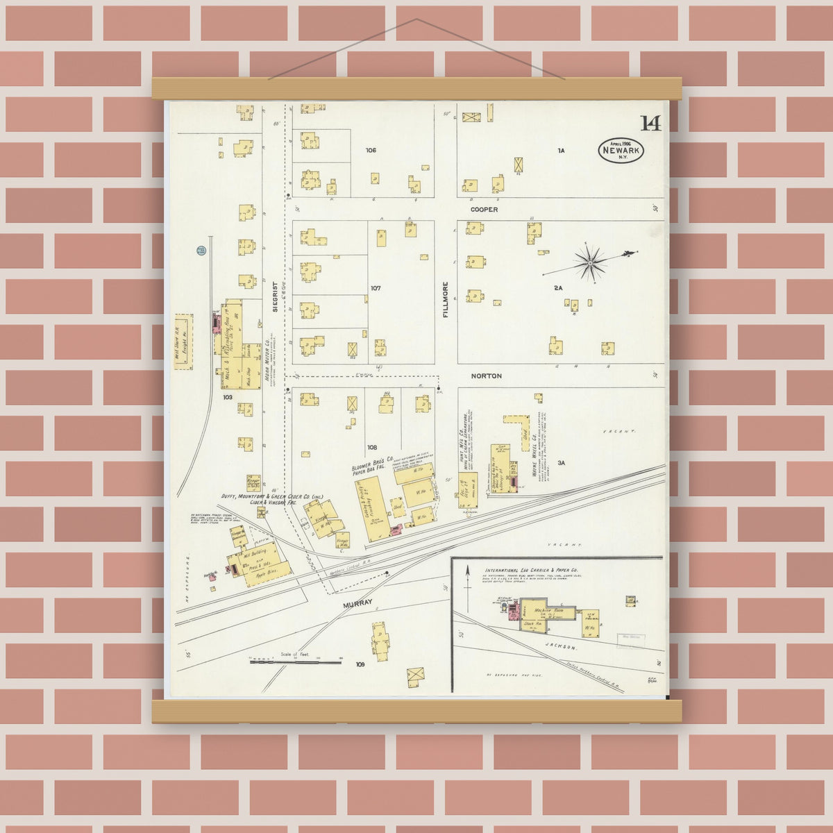 Old map wall art mockup — magnetic wood frame on brick wall — Sanborn Fire Insurance Map from Newark, Wayne County, New York (1906), Sheet #0014