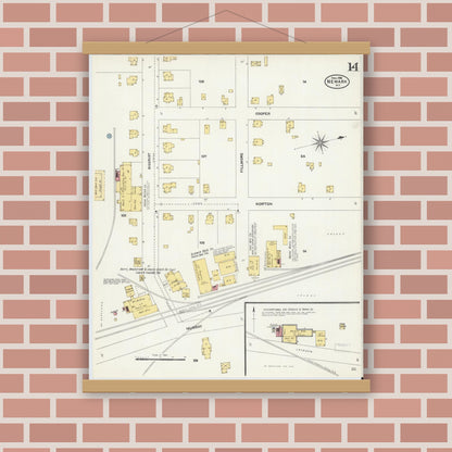 Old map wall art mockup — magnetic wood frame on brick wall — Sanborn Fire Insurance Map from Newark, Wayne County, New York (1906), Sheet #0014