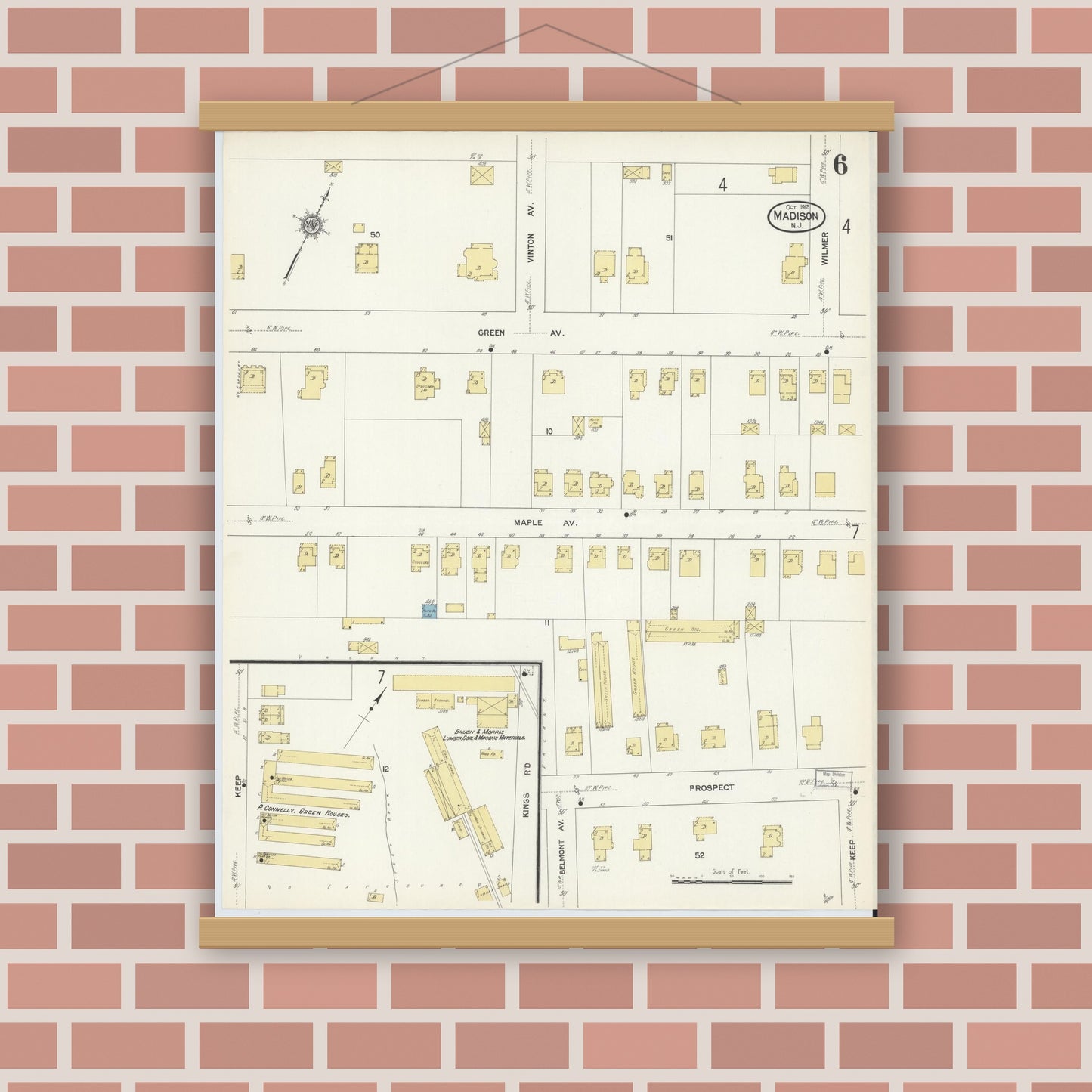 Old map wall art mockup — magnetic wood frame on brick wall — Sanborn Fire Insurance Map from Madison, Morris County, New Jersey (1912), Sheet #0006
