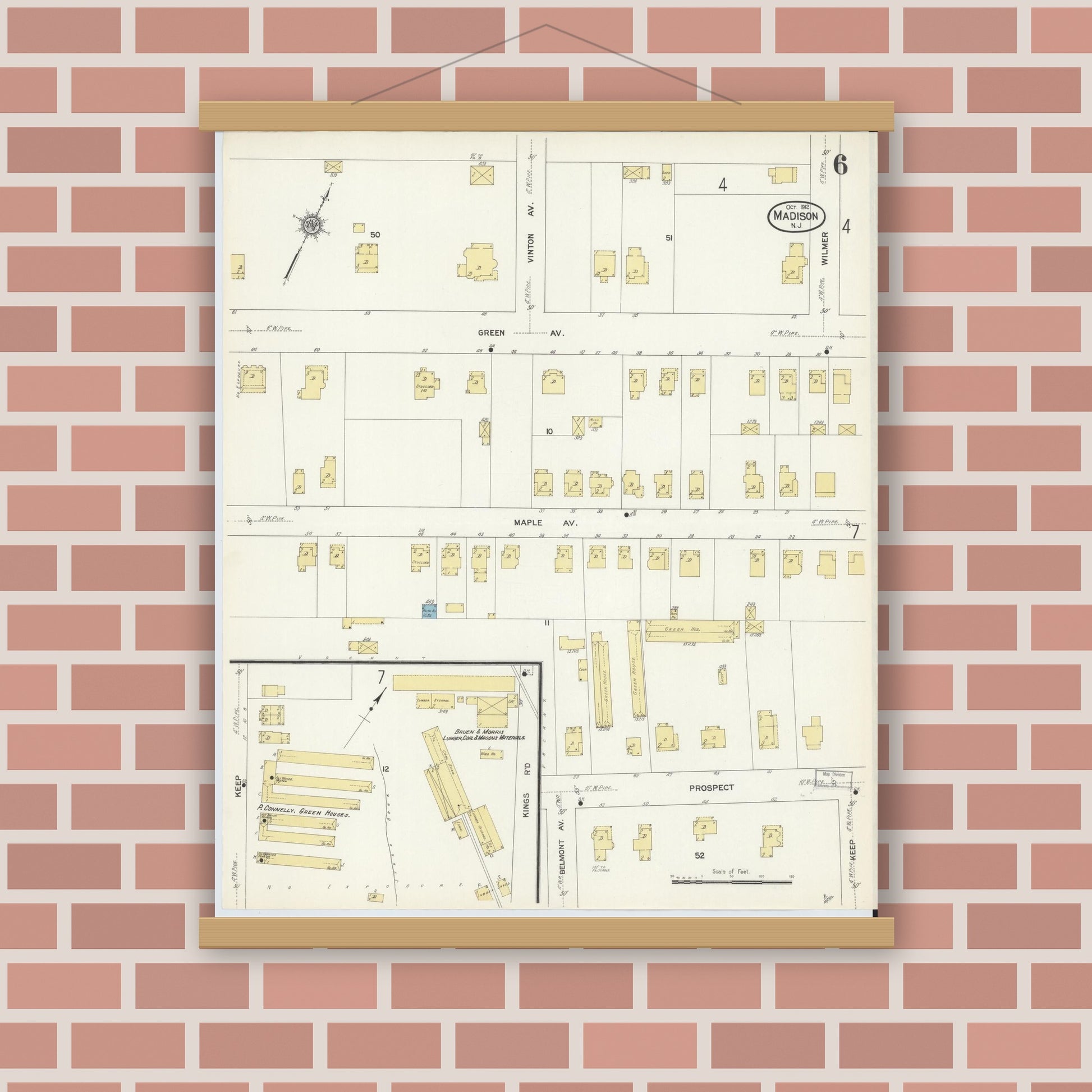 Old map wall art mockup — magnetic wood frame on brick wall — Sanborn Fire Insurance Map from Madison, Morris County, New Jersey (1912), Sheet #0006