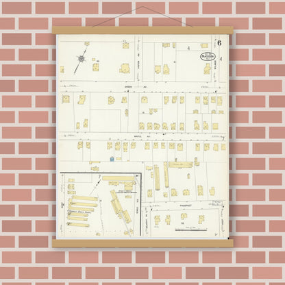 Old map wall art mockup — magnetic wood frame on brick wall — Sanborn Fire Insurance Map from Madison, Morris County, New Jersey (1912), Sheet #0006