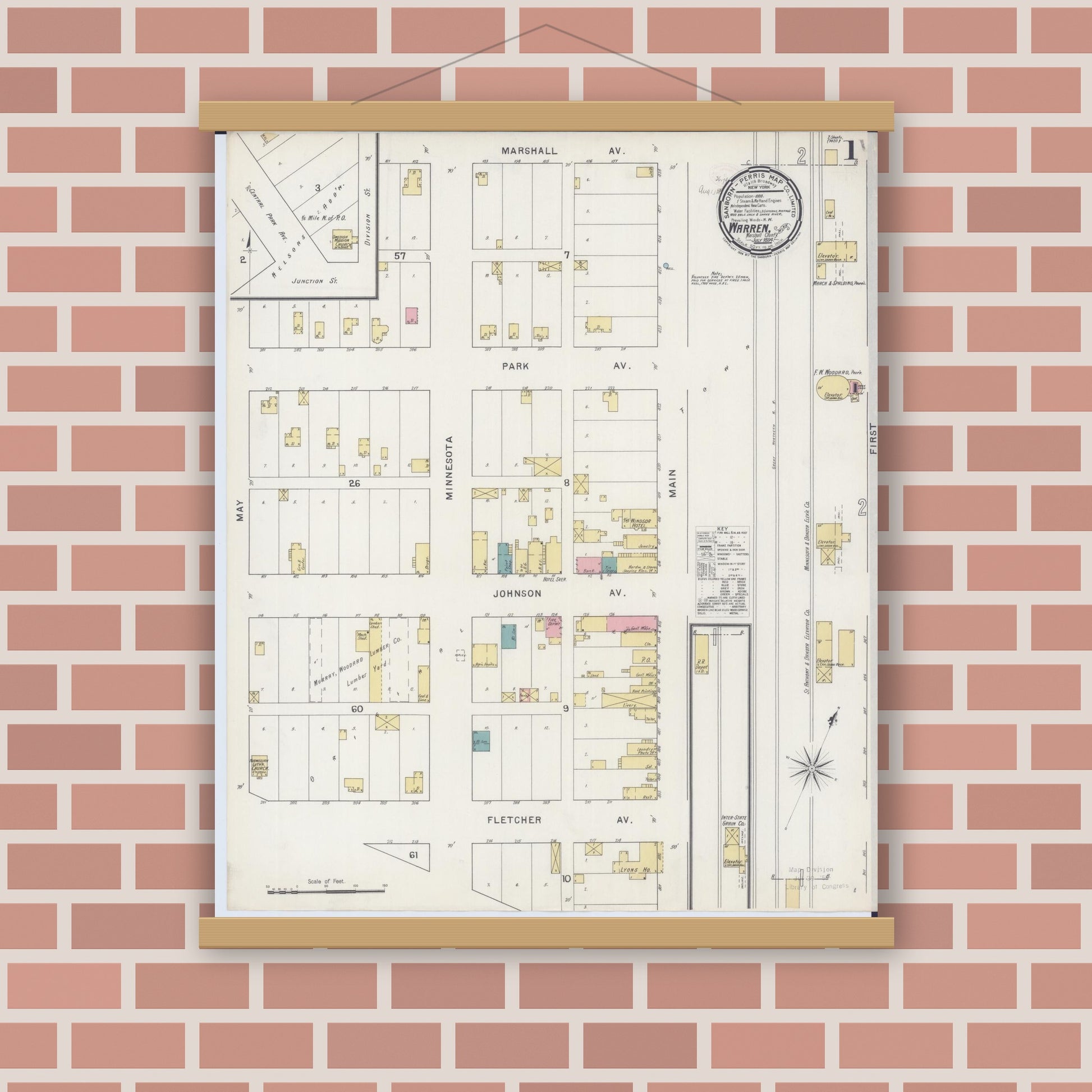 Old map wall art mockup — magnetic wood frame on brick wall — Sanborn Fire Insurance Map from Warren, Marshall County, Minnesota (1894), Sheet #0001