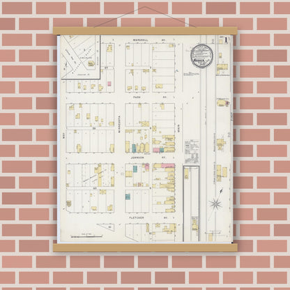 Old map wall art mockup — magnetic wood frame on brick wall — Sanborn Fire Insurance Map from Warren, Marshall County, Minnesota (1894), Sheet #0001
