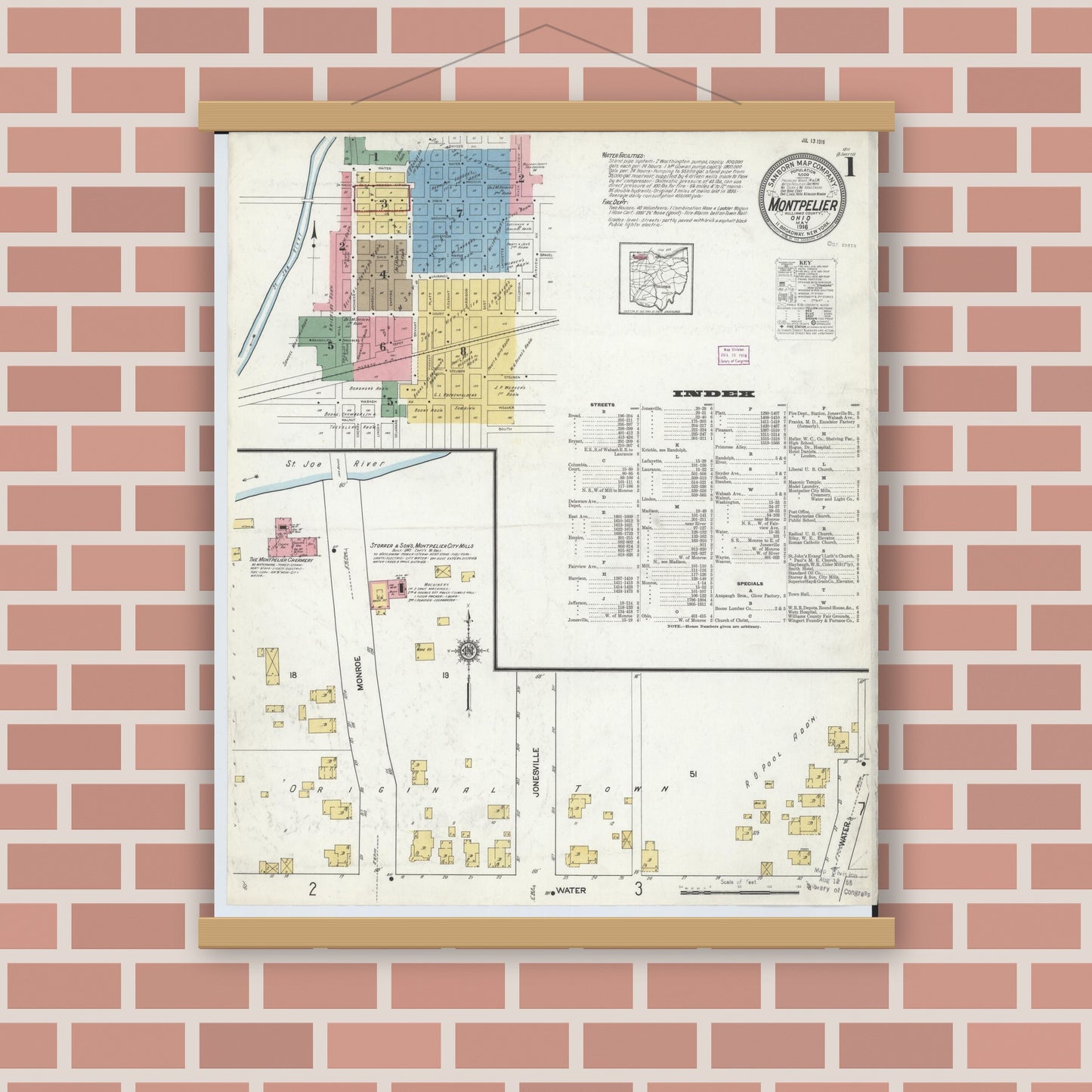 Old map wall art mockup — magnetic wood frame on brick wall — Sanborn Fire Insurance Map from Montpelier, Williams County, Ohio (1916) - Complete Map Set