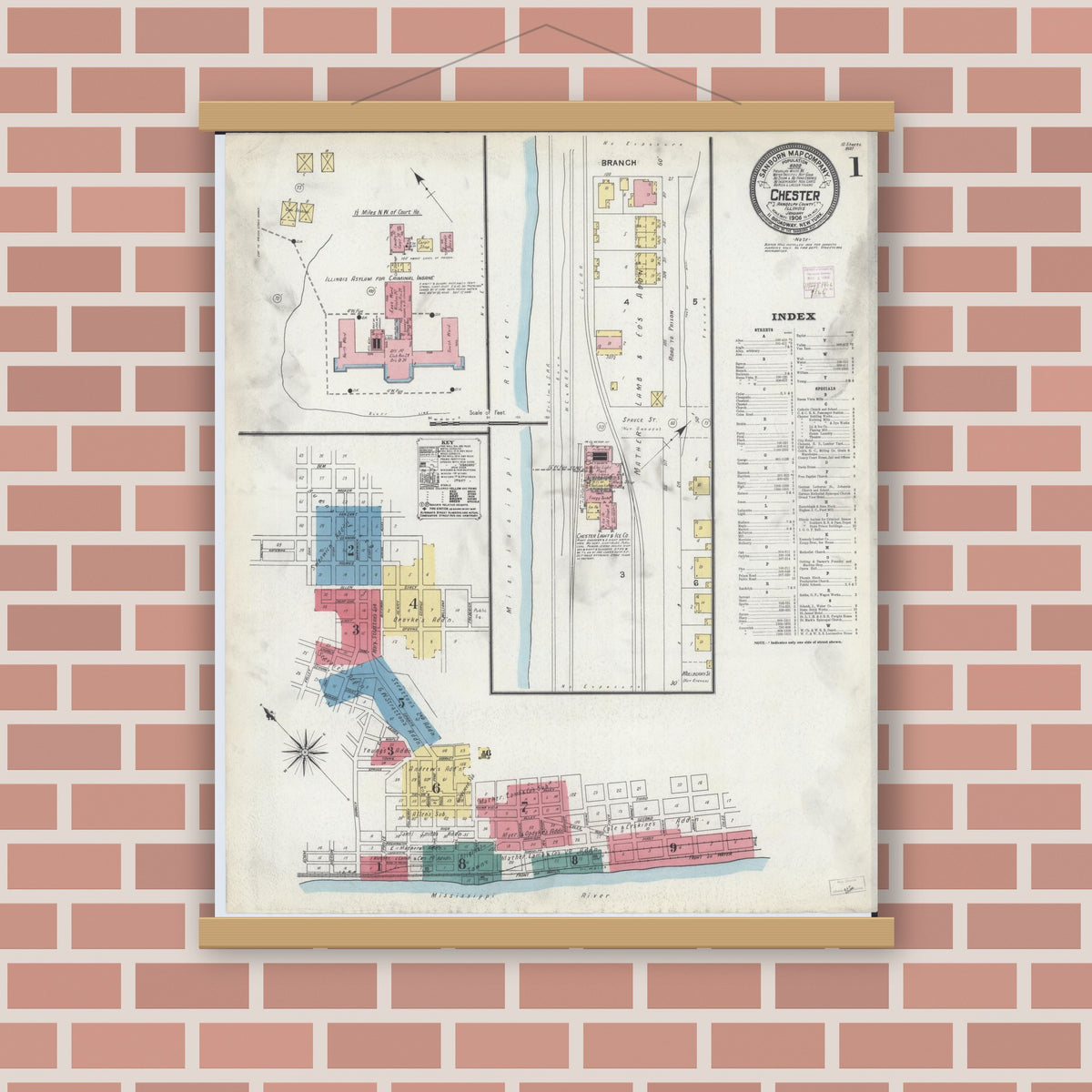 Old map wall art mockup — magnetic wood frame on brick wall — Sanborn Fire Insurance Map from Chester, Randolph County, Illinois (1906), Sheet #0001