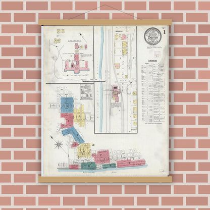 Old map wall art mockup — magnetic wood frame on brick wall — Sanborn Fire Insurance Map from Chester, Randolph County, Illinois (1906), Sheet #0001
