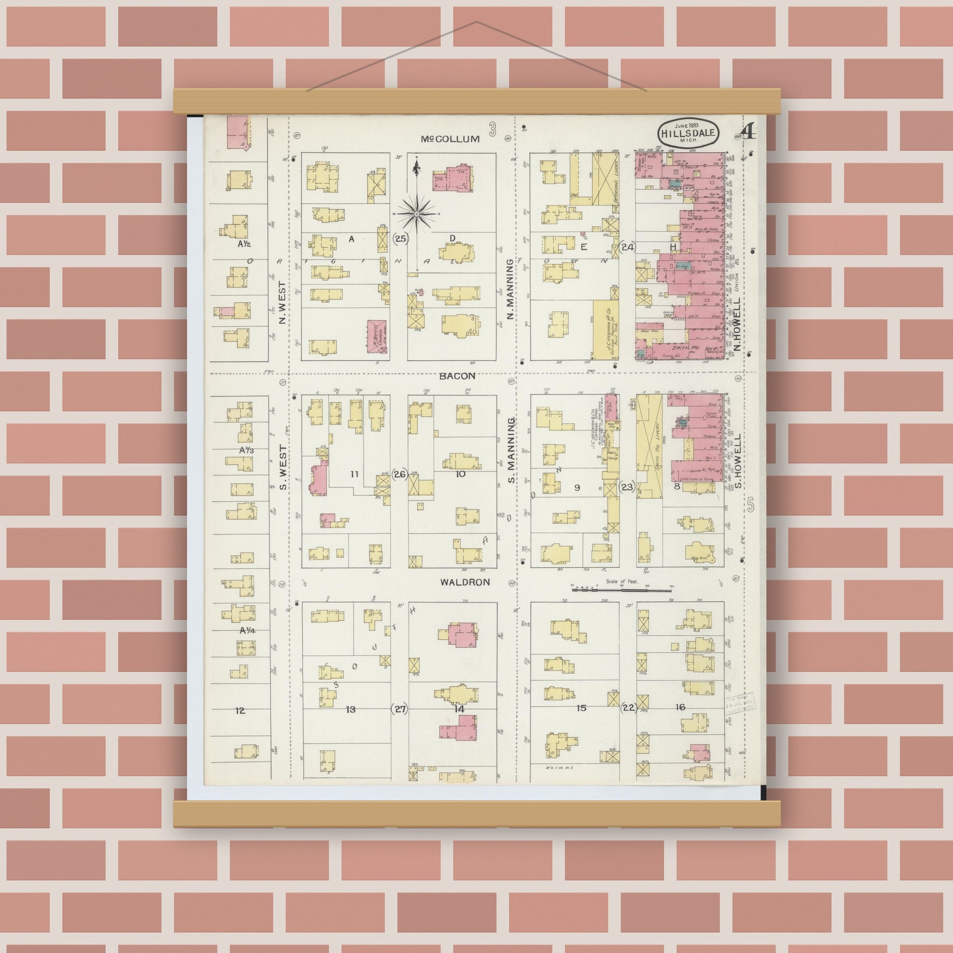 Old map wall art mockup — magnetic wood frame on brick wall — Sanborn Fire Insurance Map from Hillsdale, Hillsdale County, Michigan (1893), Sheet #0004
