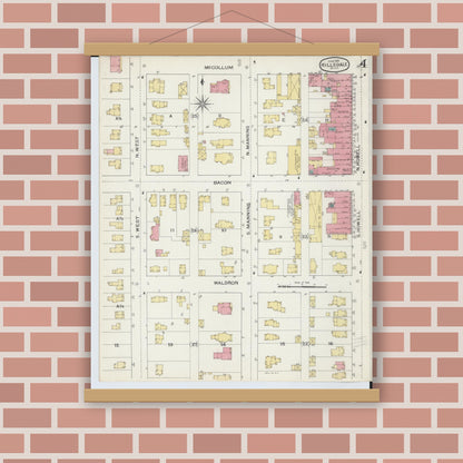 Old map wall art mockup — magnetic wood frame on brick wall — Sanborn Fire Insurance Map from Hillsdale, Hillsdale County, Michigan (1893), Sheet #0004