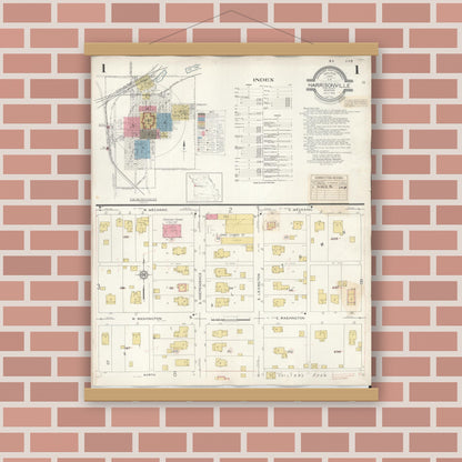 Old map wall art mockup — magnetic wood frame on brick wall — Sanborn Fire Insurance Map from Harrisonville, Cass County, Missouri (1939), Sheet #0001