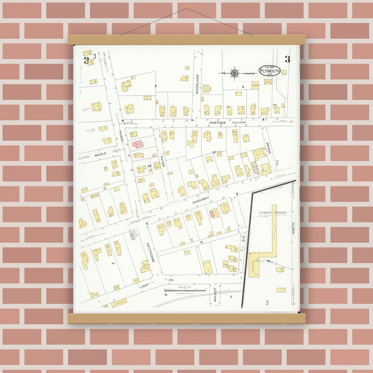 Old map wall art mockup — magnetic wood frame on brick wall — Sanborn Fire Insurance Map from Plymouth, Huron And Richland Counties, Ohio (1924), Sheet #0003