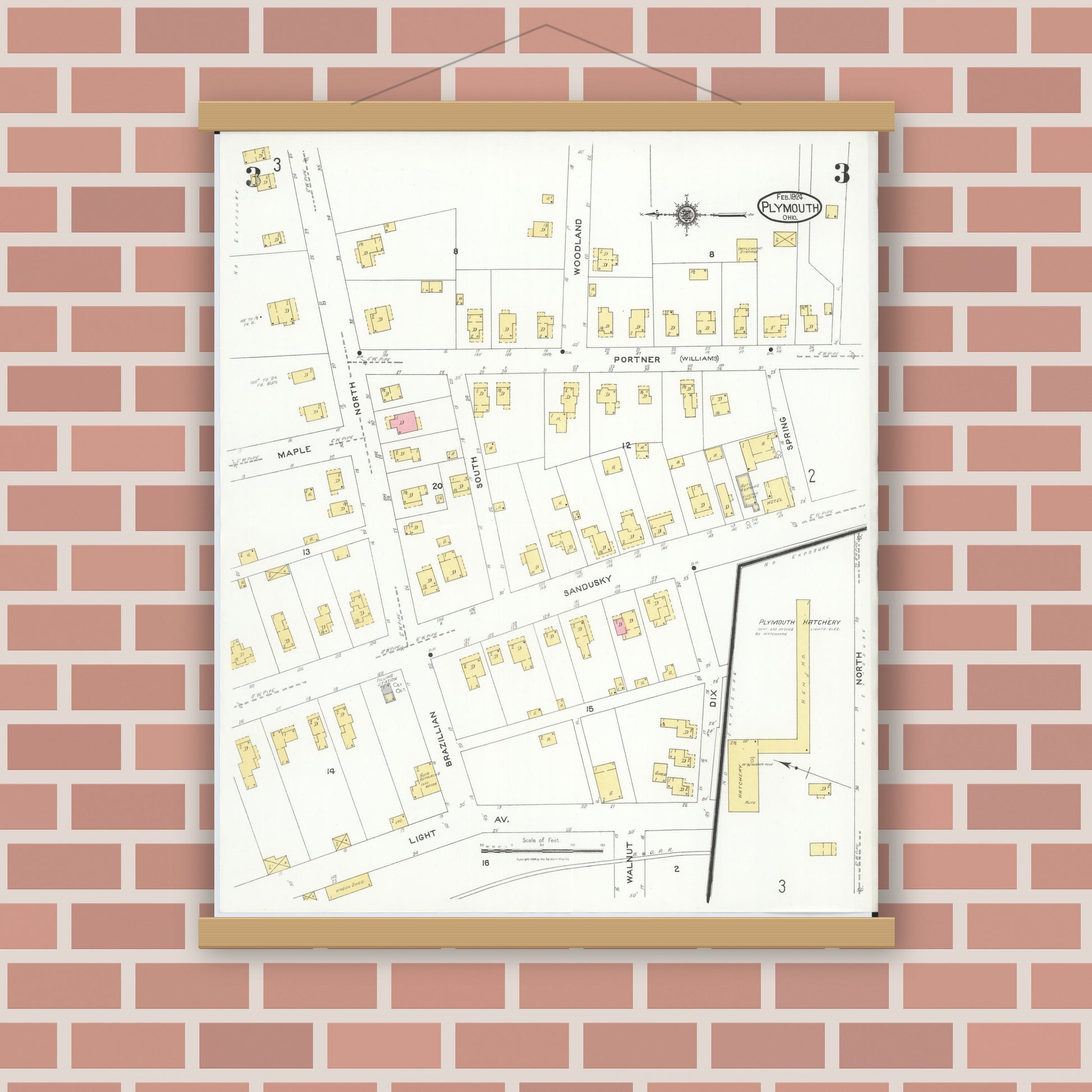 Old map wall art mockup — magnetic wood frame on brick wall — Sanborn Fire Insurance Map from Plymouth, Huron And Richland Counties, Ohio (1924), Sheet #0003