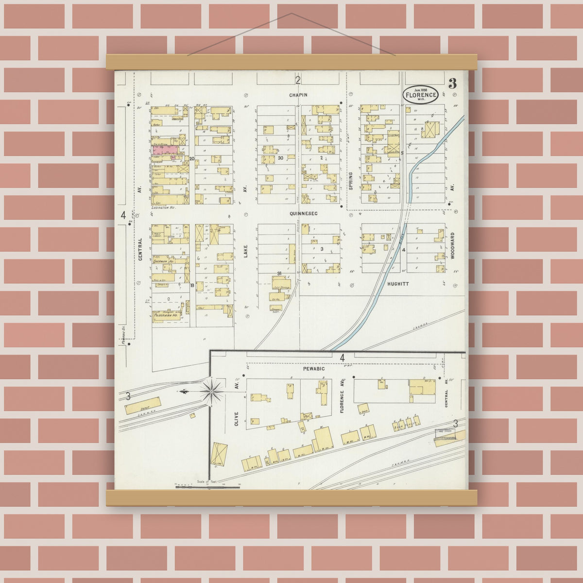 Old map wall art mockup — magnetic wood frame on brick wall — Sanborn Fire Insurance Map from Florence, Florence County, Wisconsin (1898), Sheet #0003