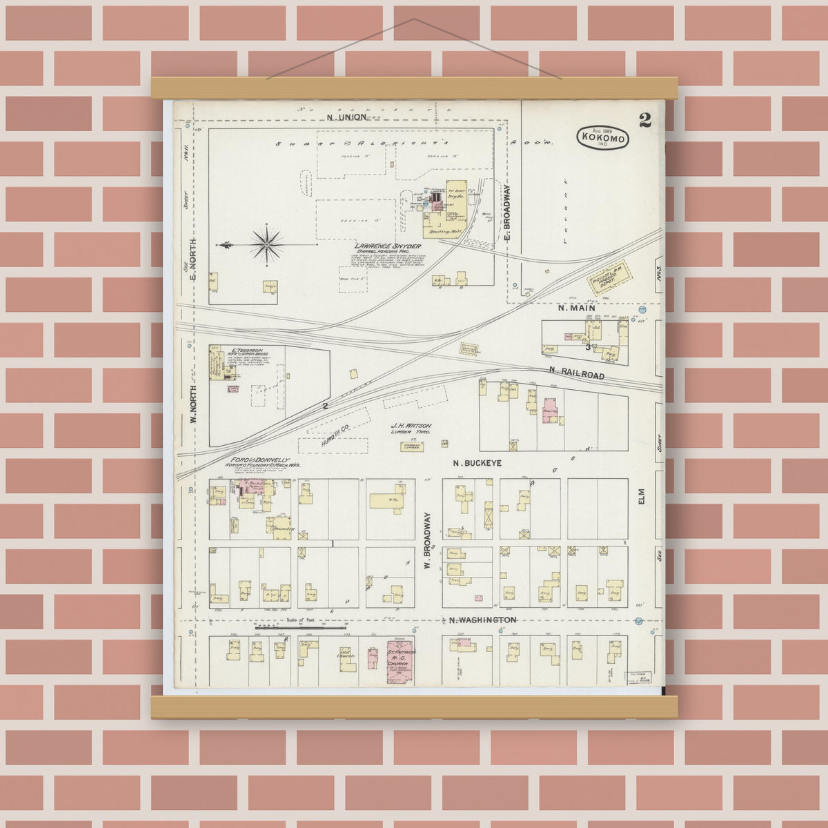 Old map wall art mockup — magnetic wood frame on brick wall — Sanborn Fire Insurance Map from Kokomo, Howard County, Indiana (1889), Sheet #0002